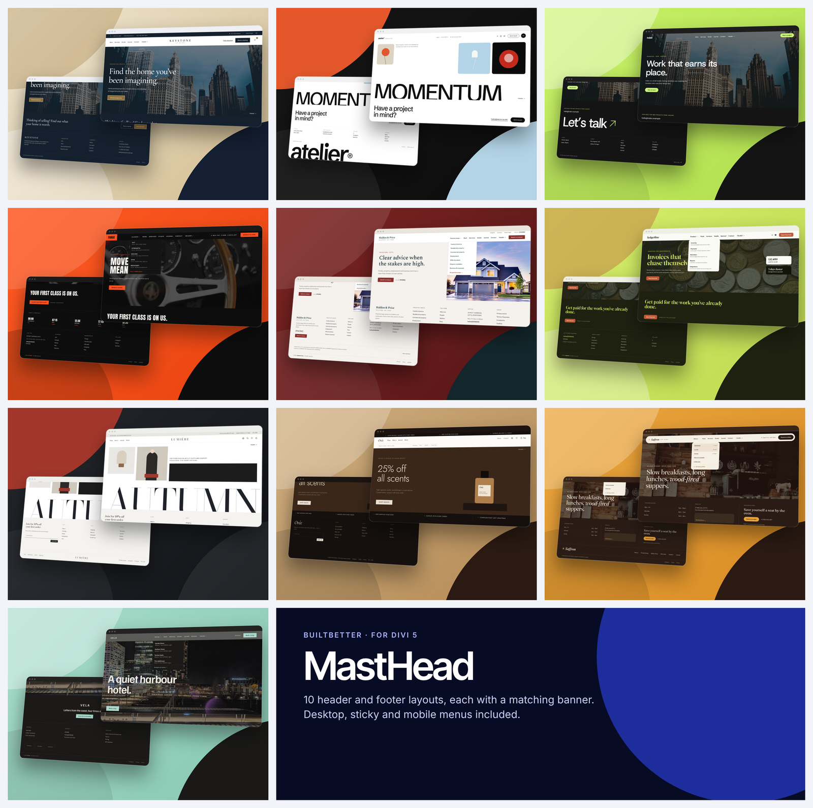 All ten Masthead header and footer sets shown side by side